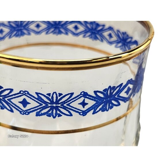 Steamed Wine Glasses Blue Floral Diamond & Gold Rim Design, Swirl Glass - Picture 3 of 10